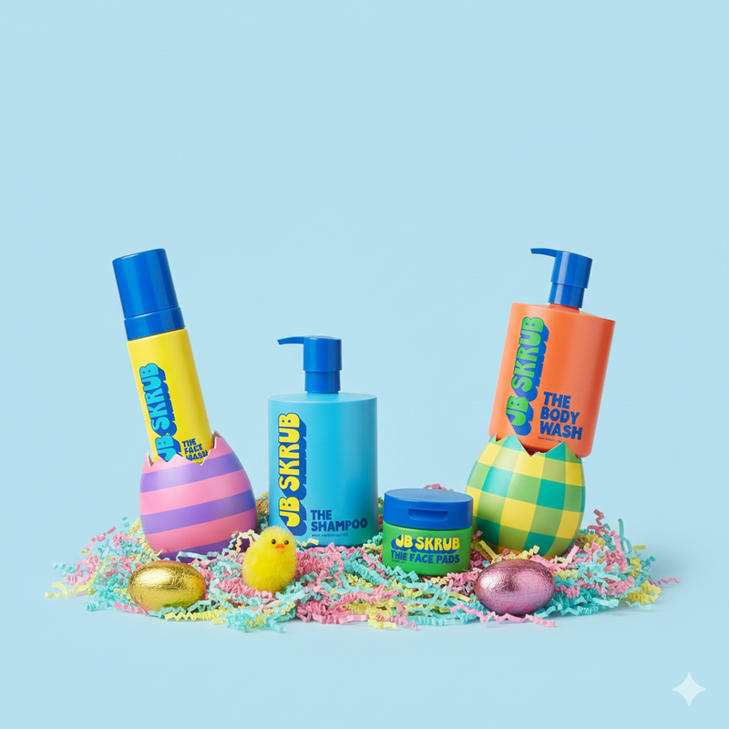 Colorful skincare and hair care products with decorative elements on a light blue background